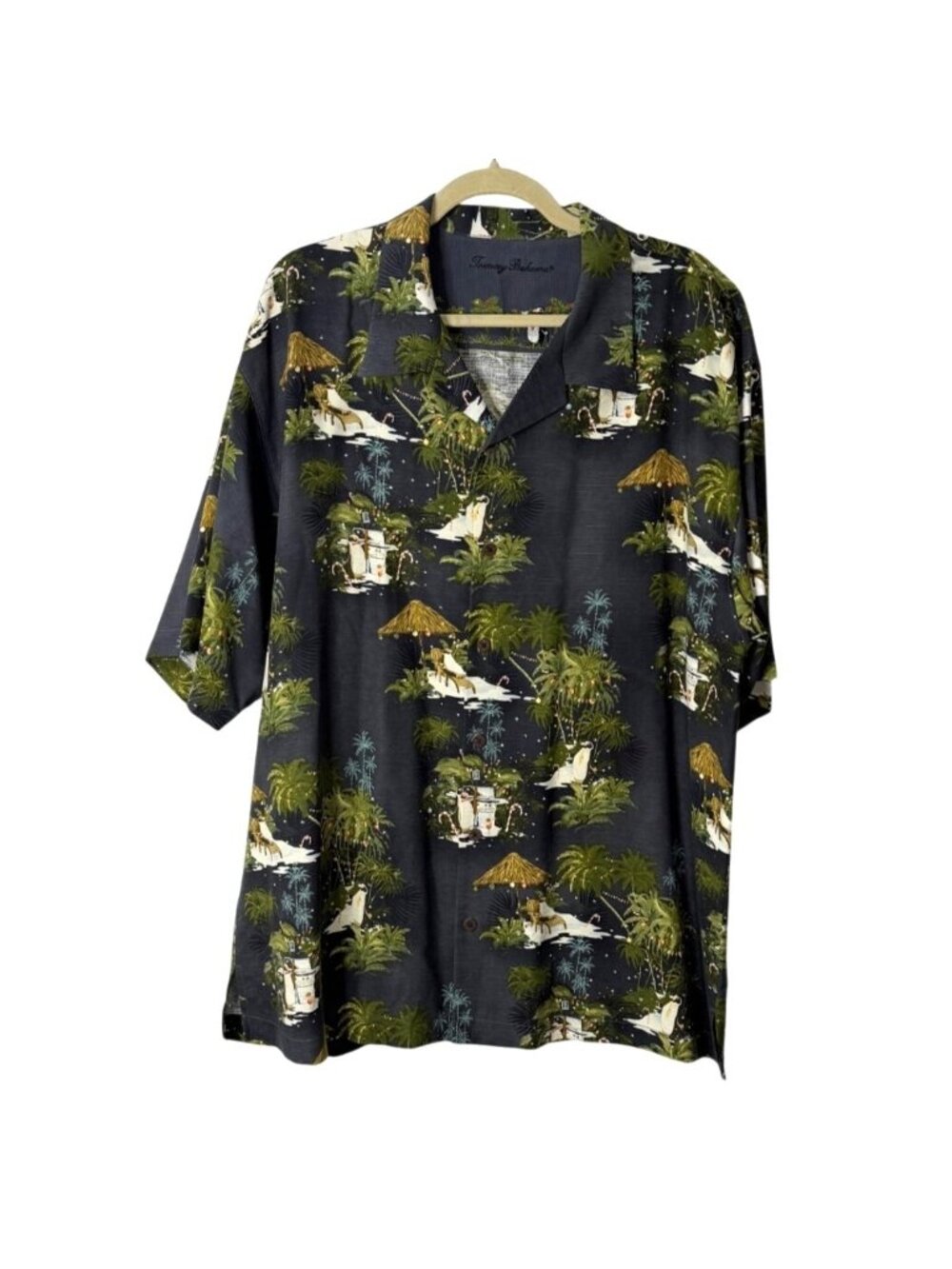 Tommy Bahama Mens Size XL Hawaiian Shirt Gray Palm Tree Penguin Cocktail Print
